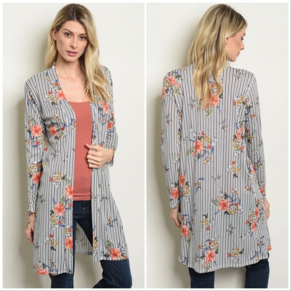White Navy Floral Kimono Cardigan